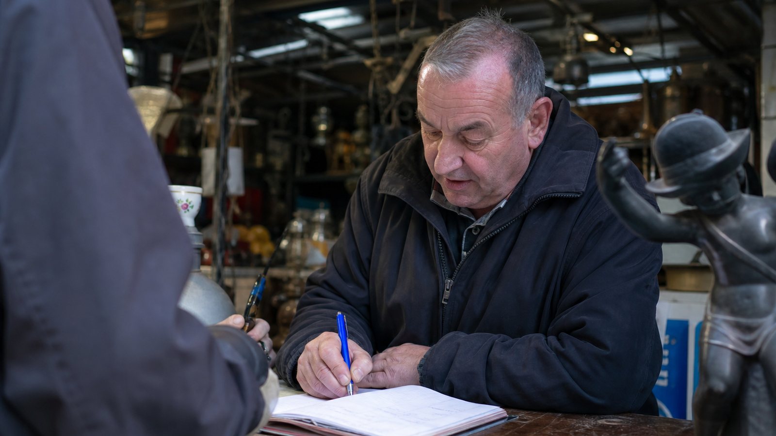 Stand de brocante en plein air et comptoir d'un dépôt-vente d'objets usagés