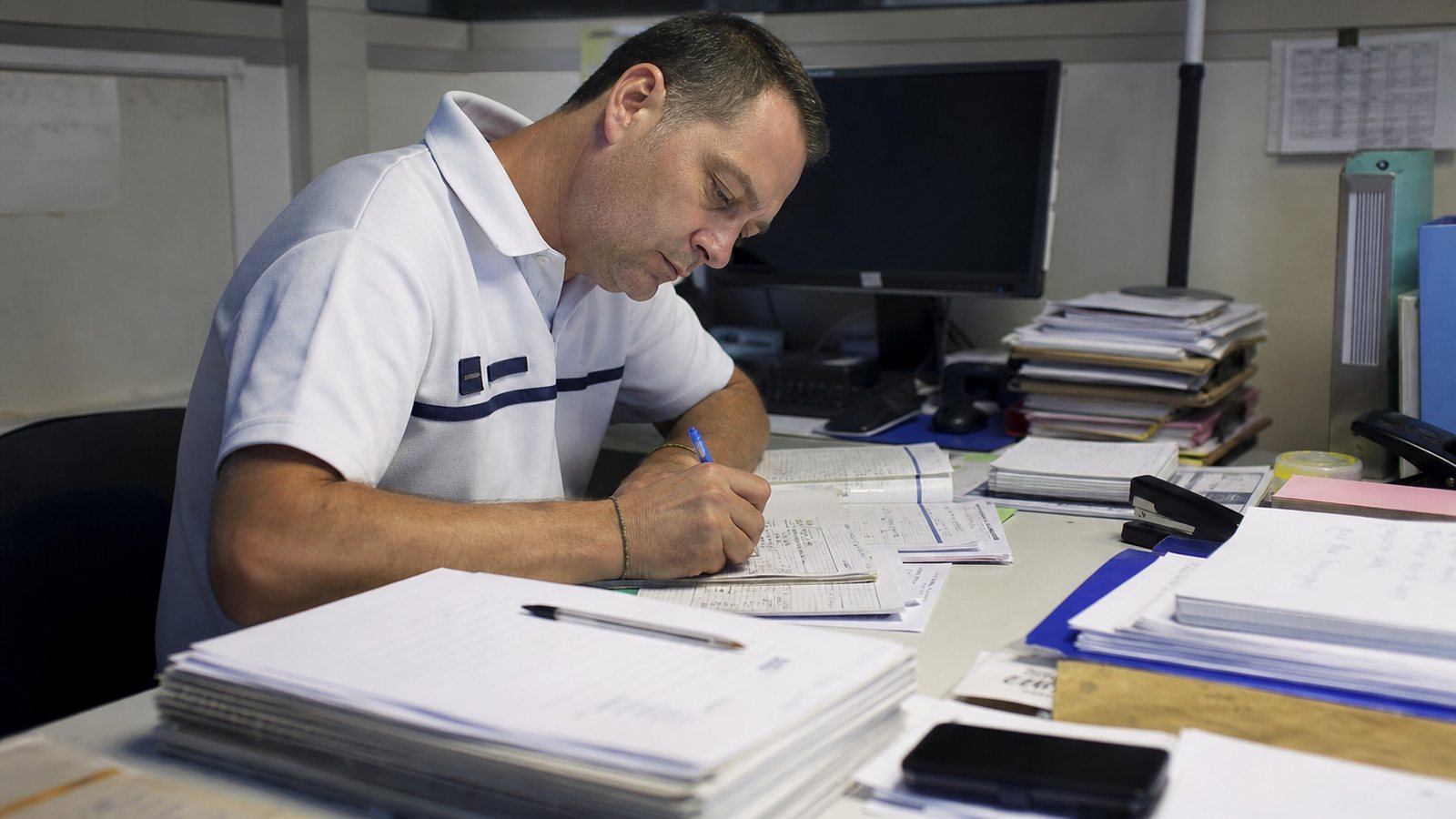 Fiches d'un registre mal tenues, raturées et incomplètes sur un bureau encombré