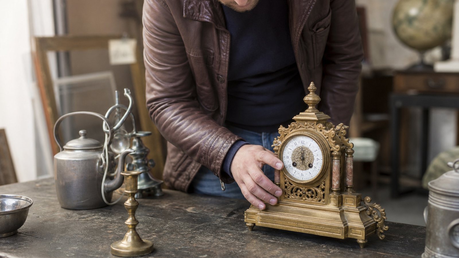 Objets d'occasion variés posés sur un établi avant leur inscription au registre