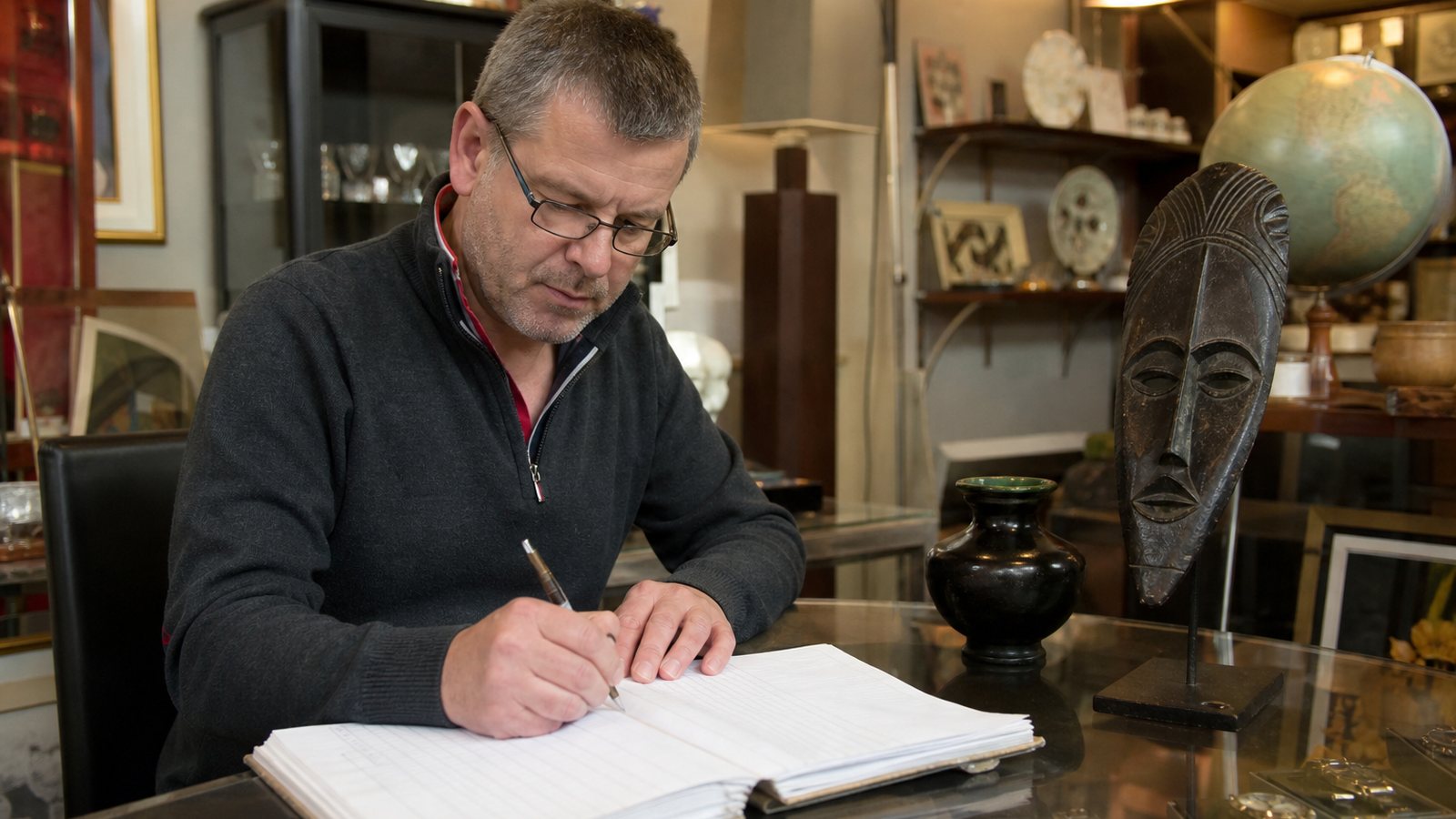 Gérant de boutique tenant son registre à jour au fil des ventes quotidiennes