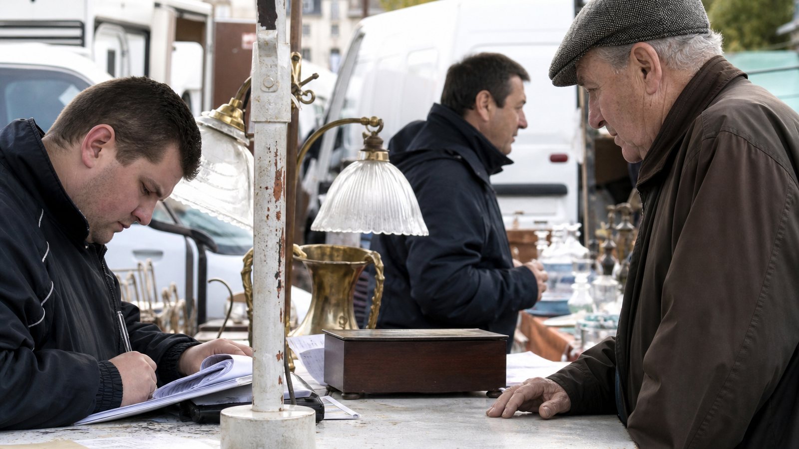 Brocanteur enregistrant un objet acheté sur son stand lors d'un marché en plein air